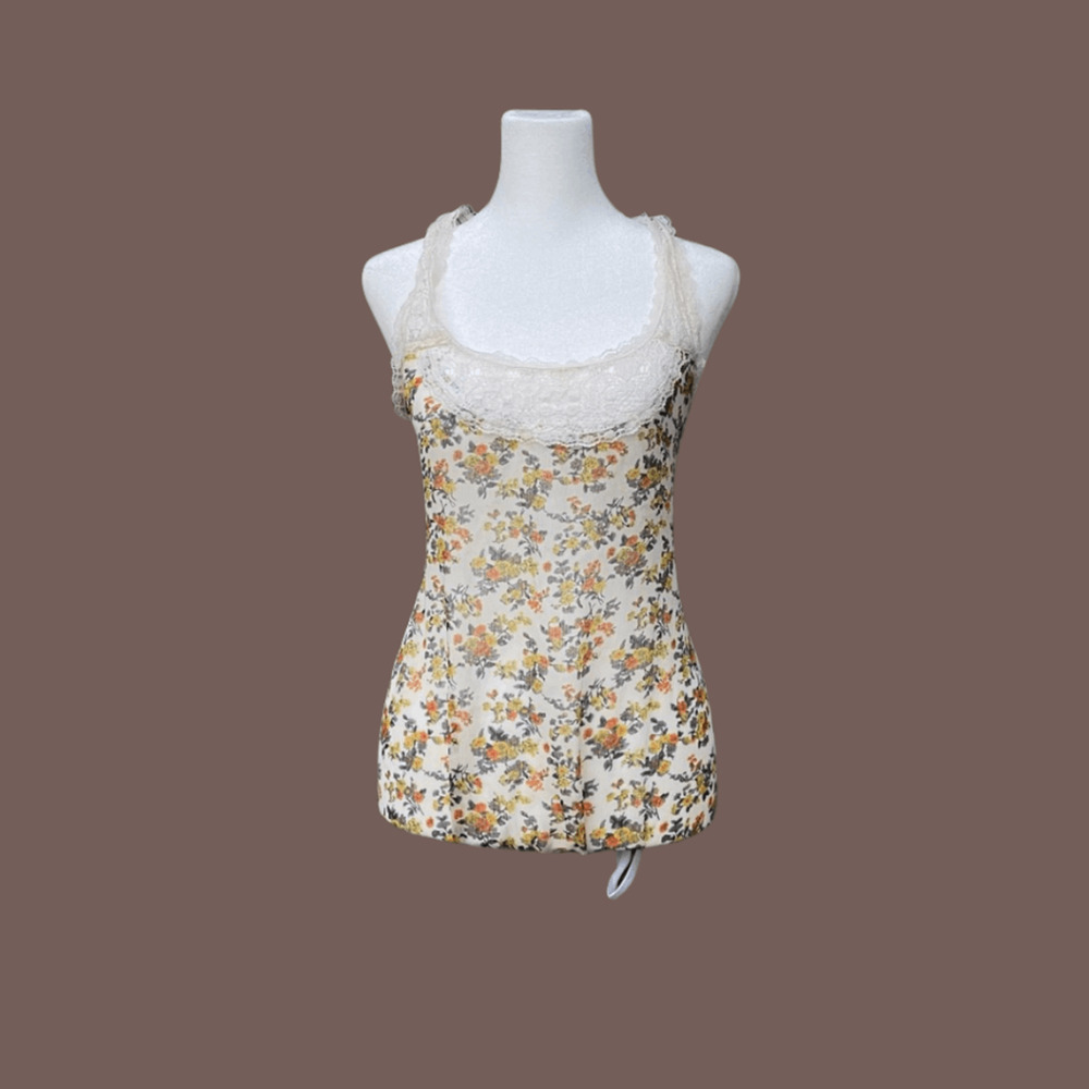 Mima Chica Floral Lace Tank | Yellow & Cream | Size L | Vintage
